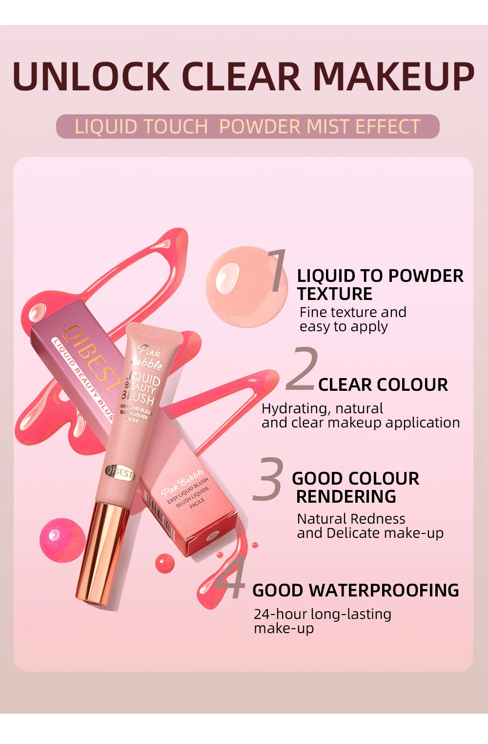 QIBEST Blush Stick كريم أحمر الخدود السائل مع قضيب وسادة للخدود أحمر الخدود خفيف الوزن عصا ماكياج الشفاه الخد العين عصا