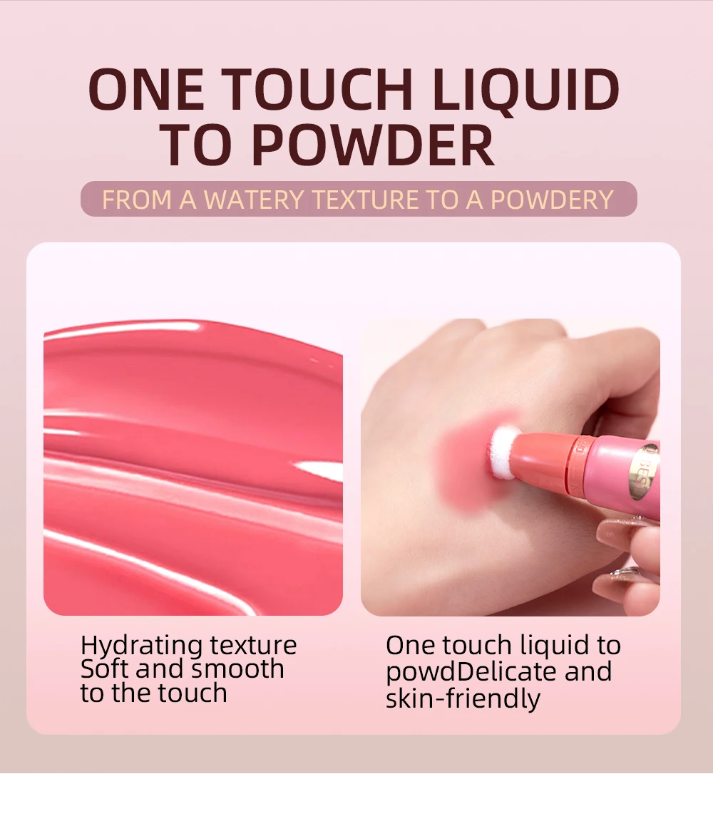 QIBEST Blush Stick كريم أحمر الخدود السائل مع قضيب وسادة للخدود أحمر الخدود خفيف الوزن عصا ماكياج الشفاه الخد العين عصا