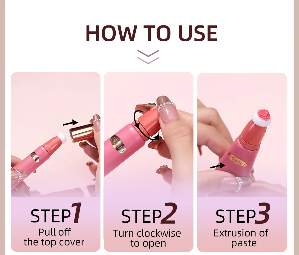 QIBEST Blush Stick كريم أحمر الخدود السائل مع قضيب وسادة للخدود أحمر الخدود خفيف الوزن عصا ماكياج الشفاه الخد العين عصا