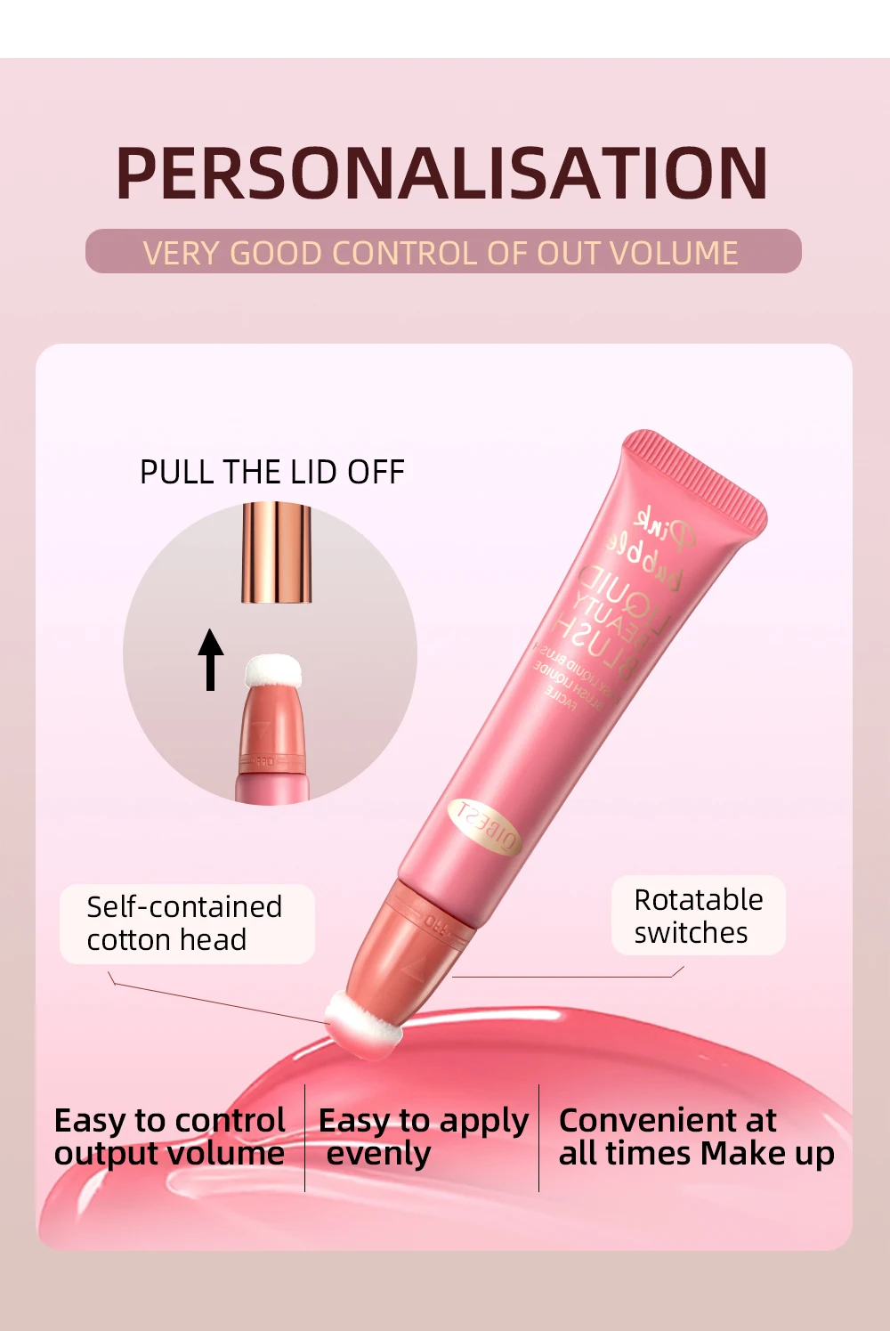QIBEST Blush Stick كريم أحمر الخدود السائل مع قضيب وسادة للخدود أحمر الخدود خفيف الوزن عصا ماكياج الشفاه الخد العين عصا