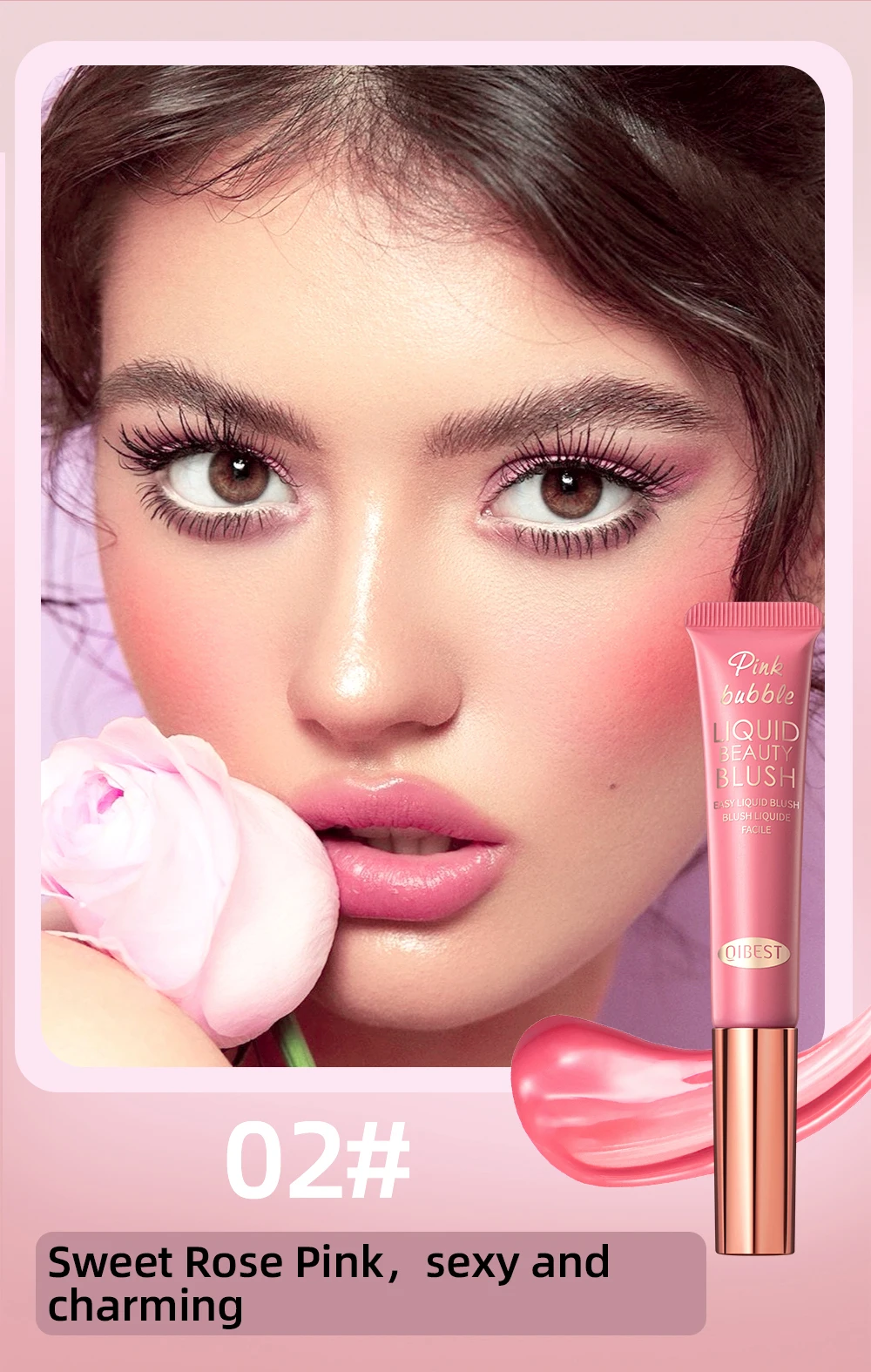 QIBEST Blush Stick كريم أحمر الخدود السائل مع قضيب وسادة للخدود أحمر الخدود خفيف الوزن عصا ماكياج الشفاه الخد العين عصا