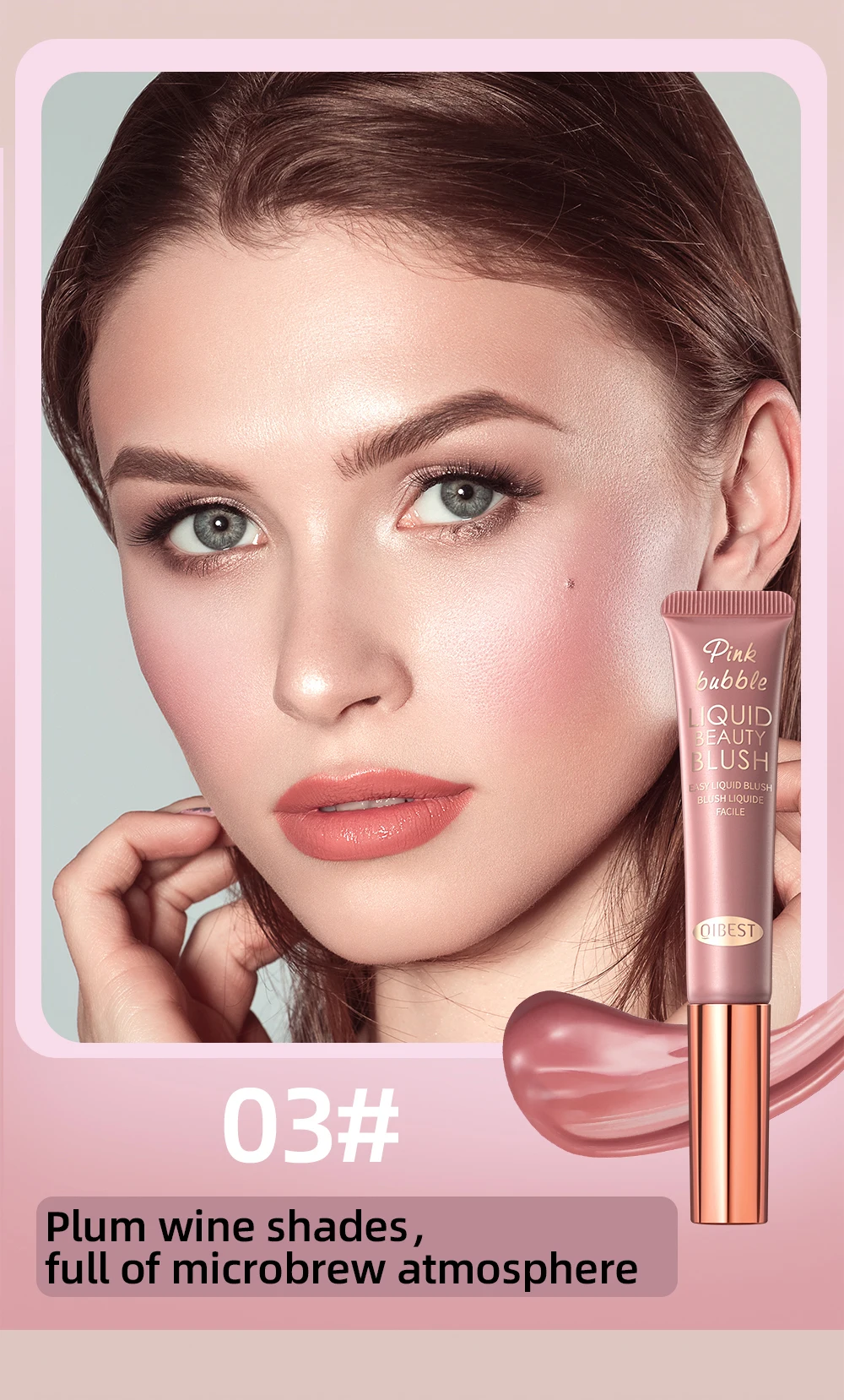 QIBEST Blush Stick كريم أحمر الخدود السائل مع قضيب وسادة للخدود أحمر الخدود خفيف الوزن عصا ماكياج الشفاه الخد العين عصا