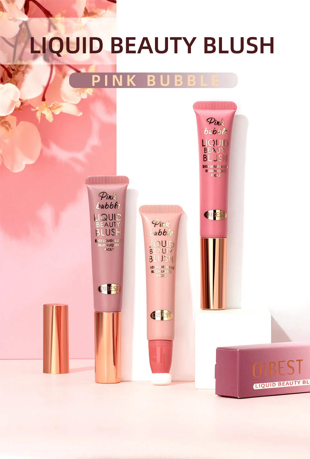 QIBEST Blush Stick كريم أحمر الخدود السائل مع قضيب وسادة للخدود أحمر الخدود خفيف الوزن عصا ماكياج الشفاه الخد العين عصا