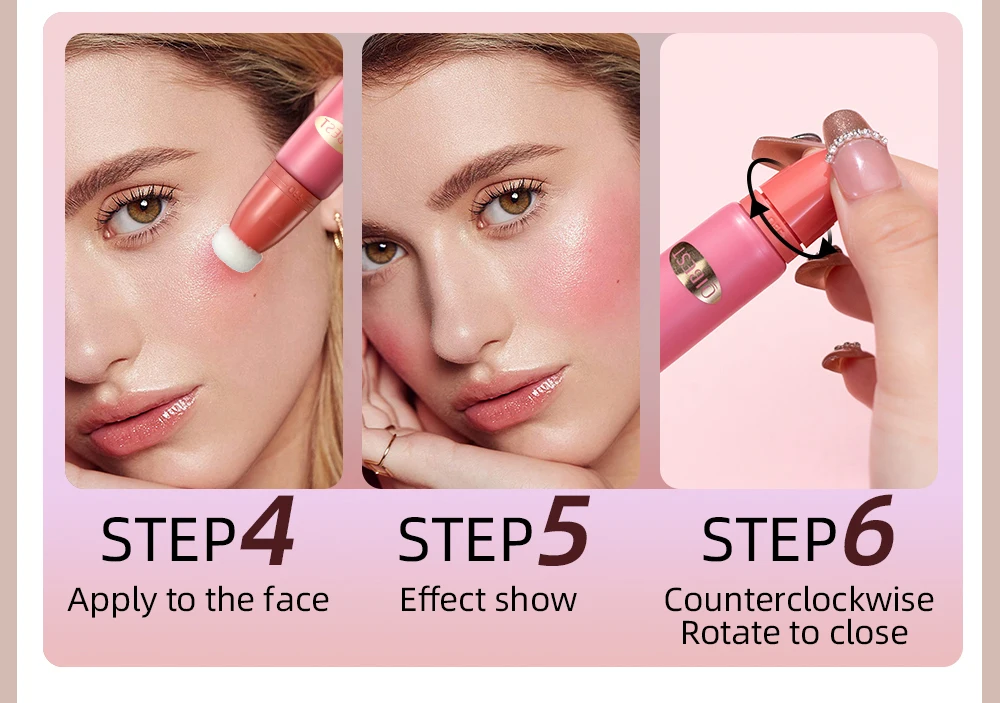 QIBEST Blush Stick كريم أحمر الخدود السائل مع قضيب وسادة للخدود أحمر الخدود خفيف الوزن عصا ماكياج الشفاه الخد العين عصا